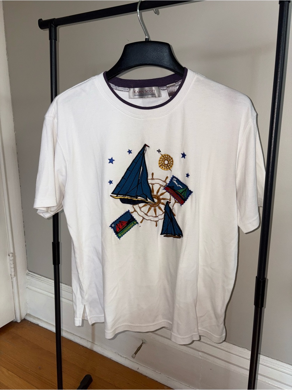 Karen Scott White Short-Sleeve Nautical Embroidered Tee